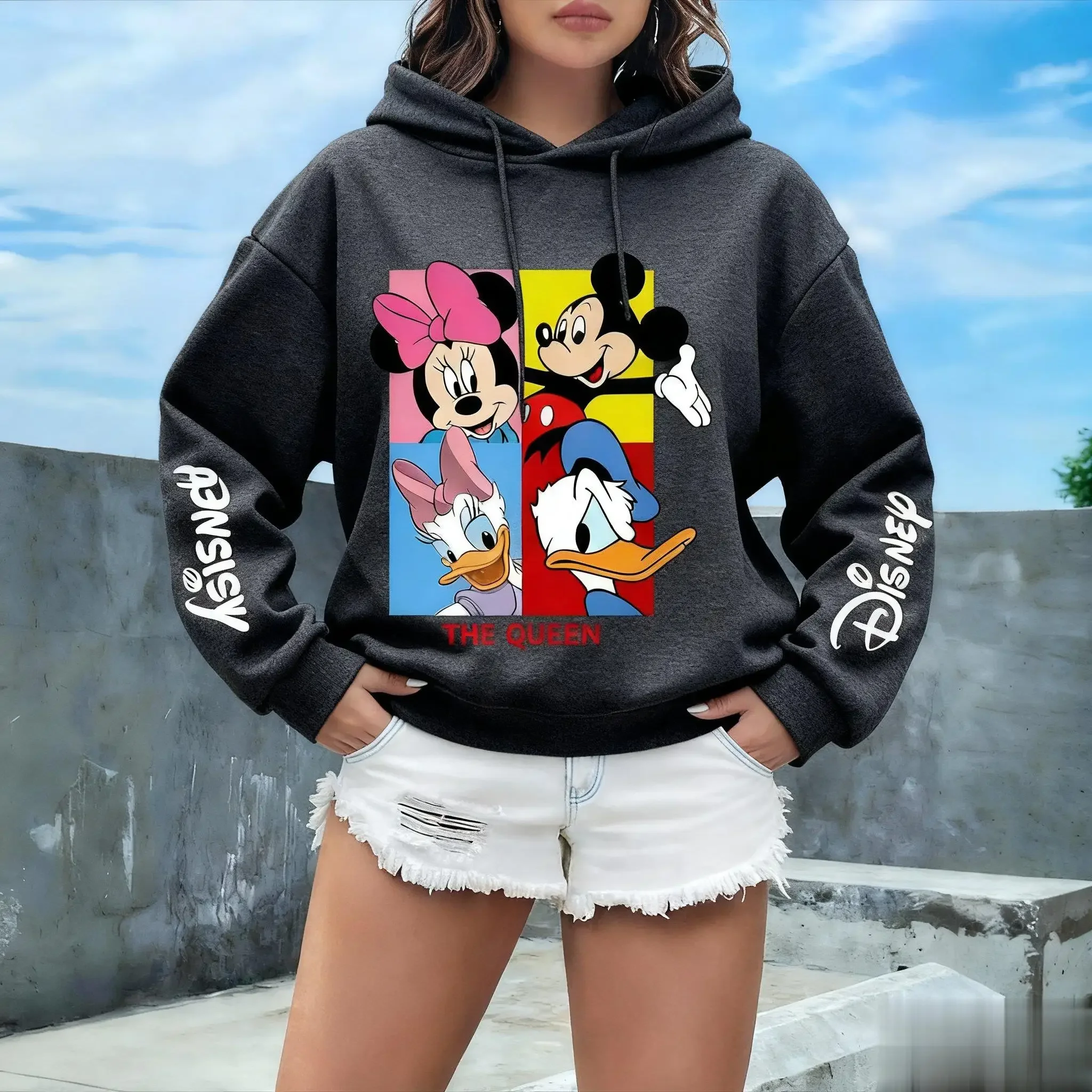 المتضخم خمر هوديي النساء الرجال ميكي ميني ديزني طباعة بلوزة كاجوال البلوز الشارع الشهير الخريف جديد بأكمام طويلة