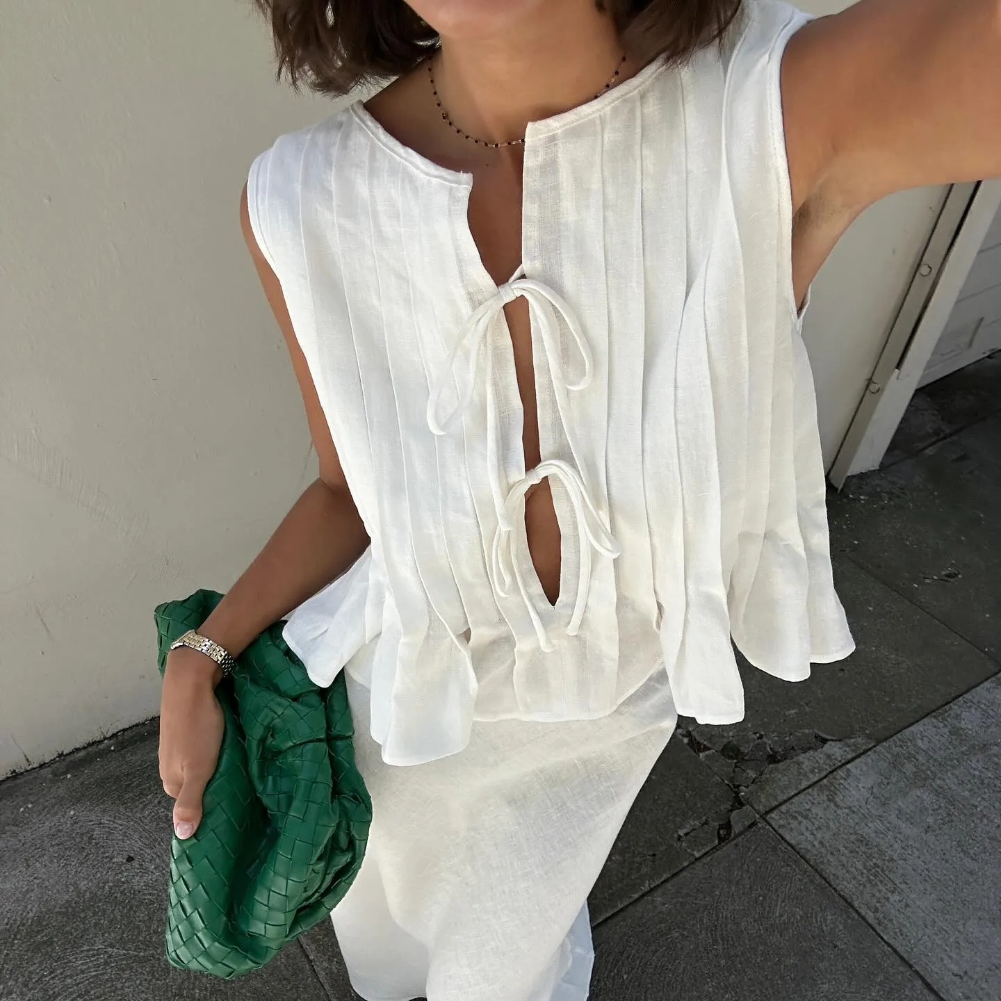 Gaono Women Tie Front Pleated Tank Top Sleeveless Cut Out Ruffle Hem Tank Vest Bandage Layered Wrinkle Tank Vocation Shirt