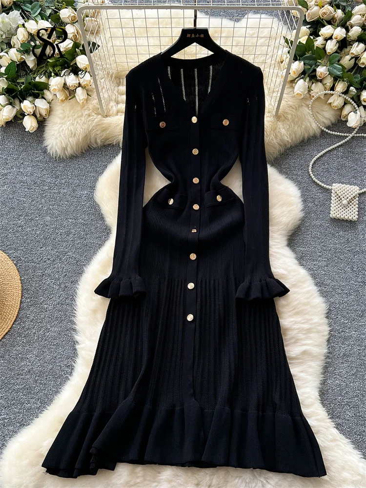 SINGREINY Autumn Office Lady Long Dress Women Winter V Neck Long Sleeves Chic Button Ruffles 2024 Sweet Streetwear Knitted Dress