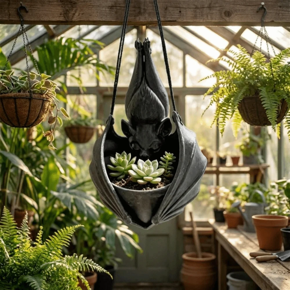 Unique Gothic Style Bat Hanging Planter Creative Plastic Hanging Succulent Planter Whimsical Black Wall Plant Pot Patio