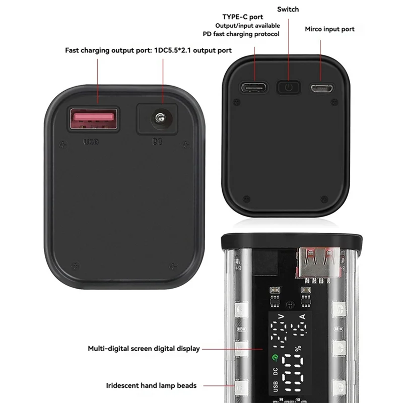 B50B-Digital Display 22.5W Fast Charging 8 Slots 18650 Power Bank Case DIY Battery Box USB Type C DC5.5X2.1 Output