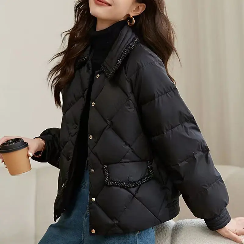 

Women Parkas Coat Solid Short Jacket Quilted Pocket Turn Down Collar Long Sleeve Single Breasted Loose Casual 2026 Autumn Winter