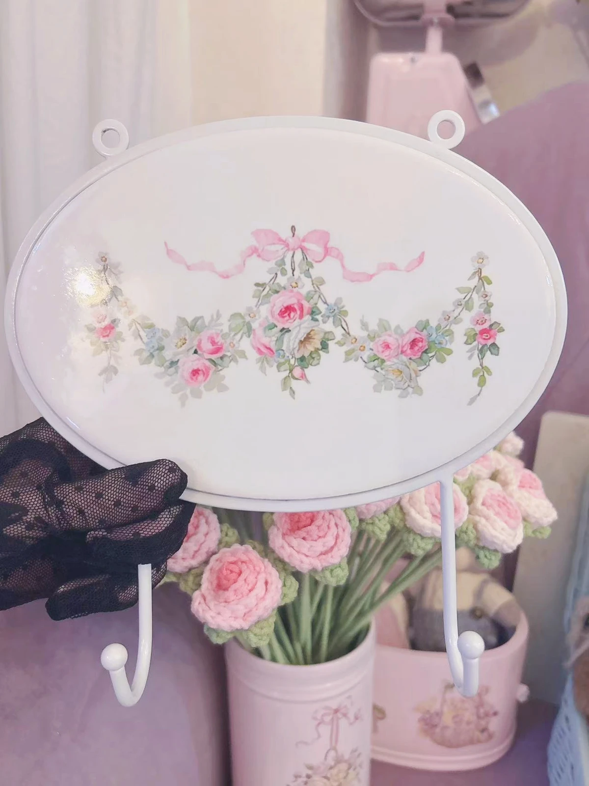 Pink Iron Art Hook French Bow Flower String Keys Holder Decoration For Home Long Wall Coat Rack Wall Hangers
