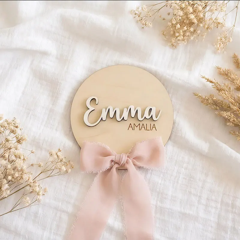 

Personalized Baby Name Sign with Bow Custom Wooden Name Plaque Newborn Photo Prop Baby Name Announcement Baby Shower Gift