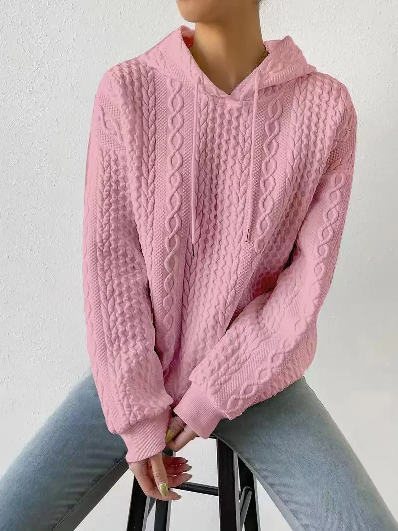 Women's Oversized Medium Weight Long Sleeve Solid Color Hoodie with Drawstring Casual Mid-Length Jacquard Women's Sweatshirt