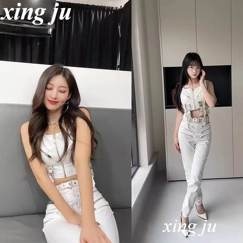 K팝 한국 여성 그룹 의상 섹시 스팽글 홀터 크롭탑 타이트 반바지 슬림 팬츠 여성 재즈 댄스 공연 무대 의상