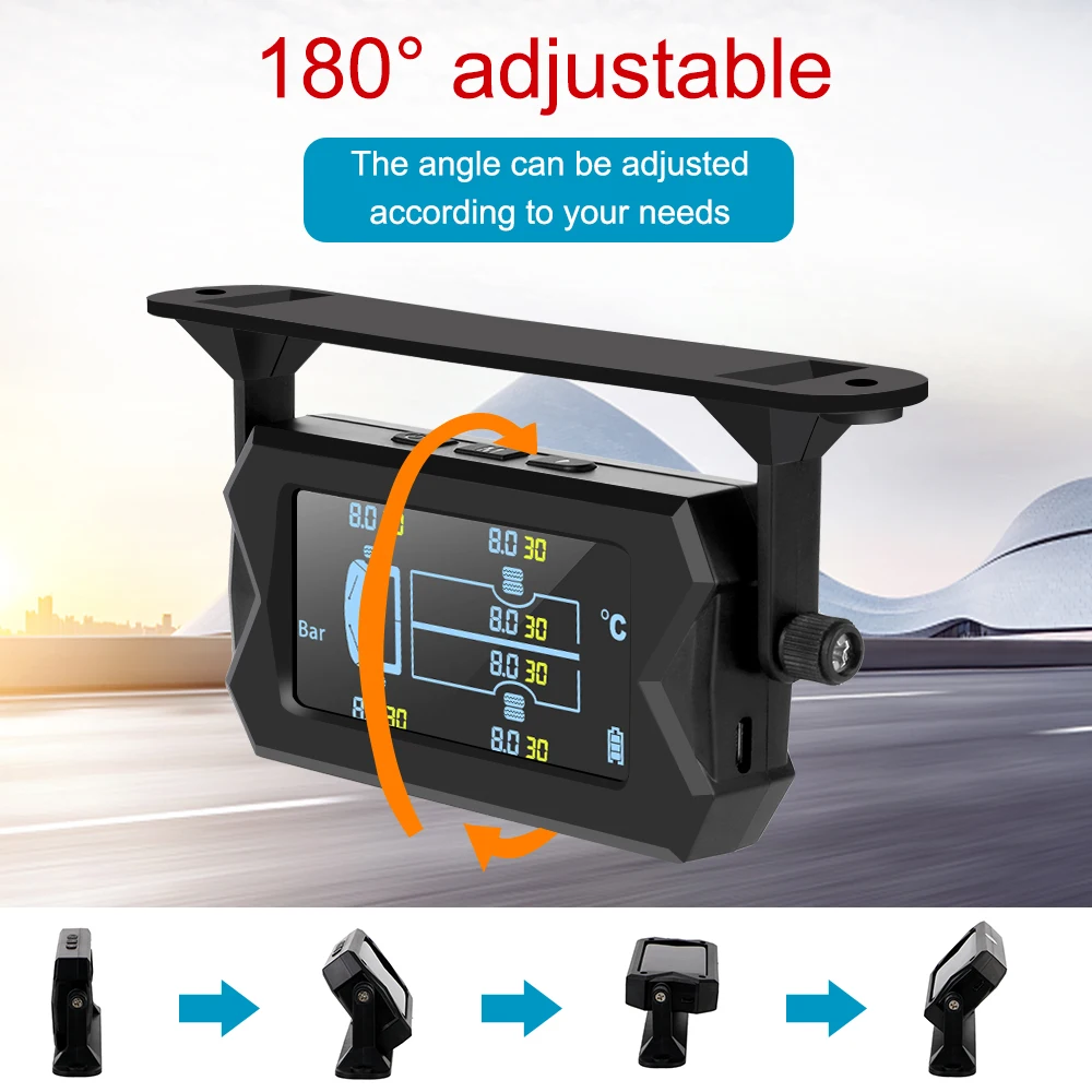 Solar Car RV Truck TPMS Tire Pressure Monitoring System With 6 External Sensors Wireless 180° Adjustable Bracket Waterproof