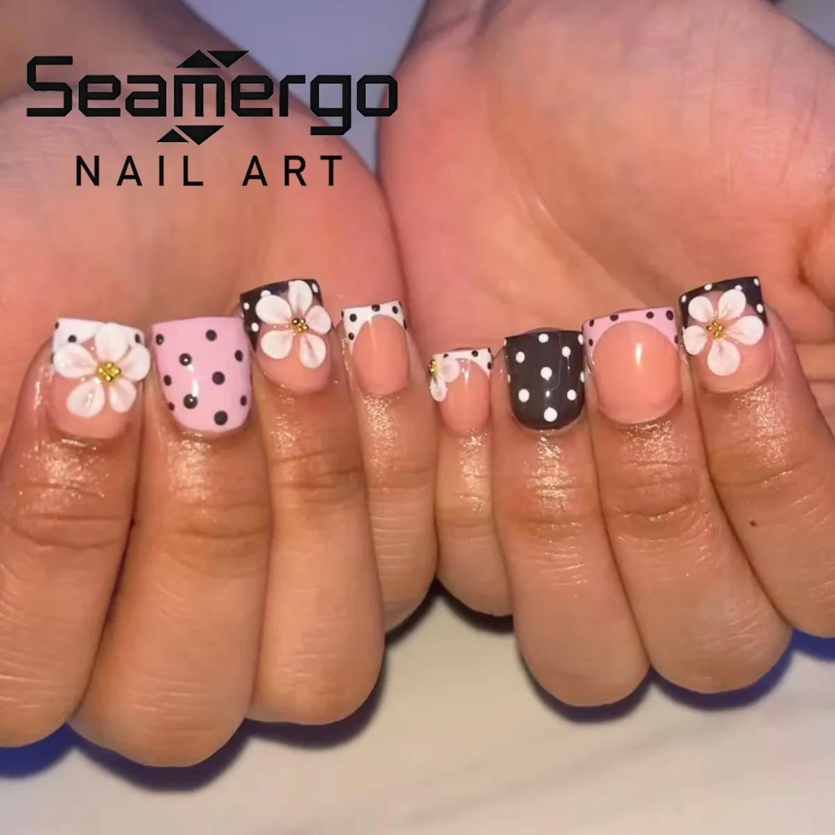

24PCS Short Square Fake Nails with Sweet French Pink Coffee White Polka Dot 3D Embossed Floral Press on Nails Elegant False Nail