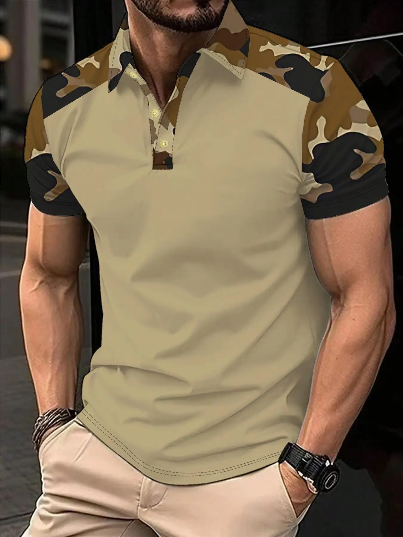 

Camouflage Summer Men Clothes Short Sleeve Turn-down Collar Polo Shirt Fake Pocket Print Retro Casual Polo Shirt Resilient Tops