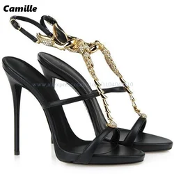 Black Belt Buckle Strap T-belt Rhinestones Stiletto High Heels 2025 One Word Belt Sexy Party Sandals Catwalk Style Luxury Shoes