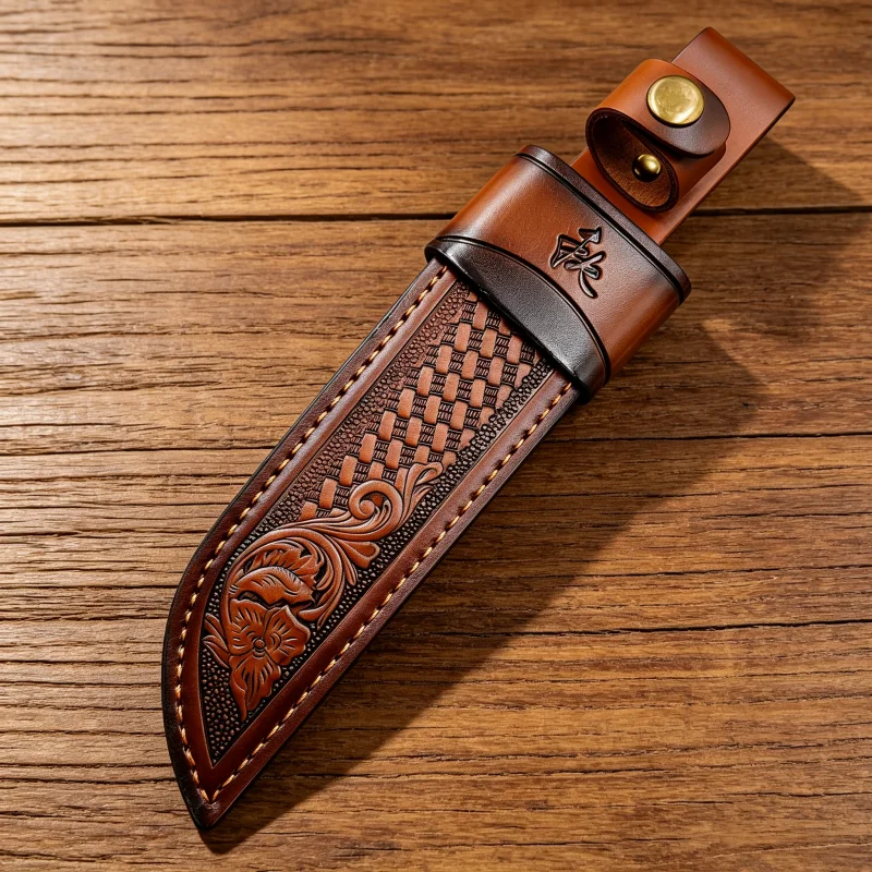 Vintage Floral Embossed Genuine Cowhide Fixed Blade Knife Sheath Waist Belt Carry Leather Scabbard Storage Cover Sheath Only No
