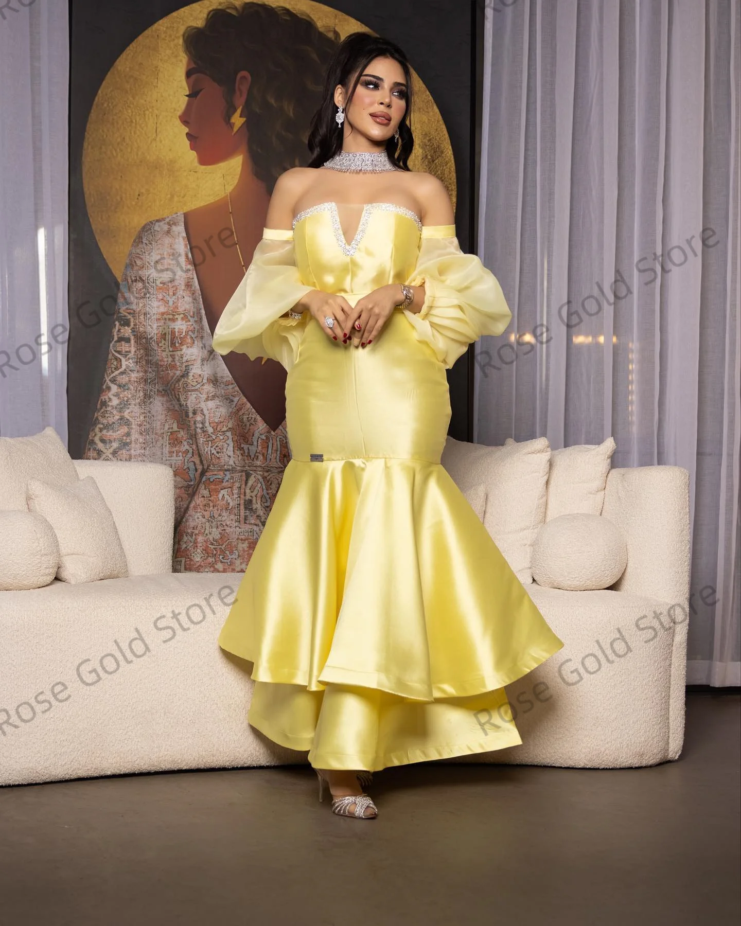 Vintage amarelo árabe vestido de noite fora do ombro sereia vestidos de gala personalizado feminino longo em camadas miçangas formal vestidos de baile