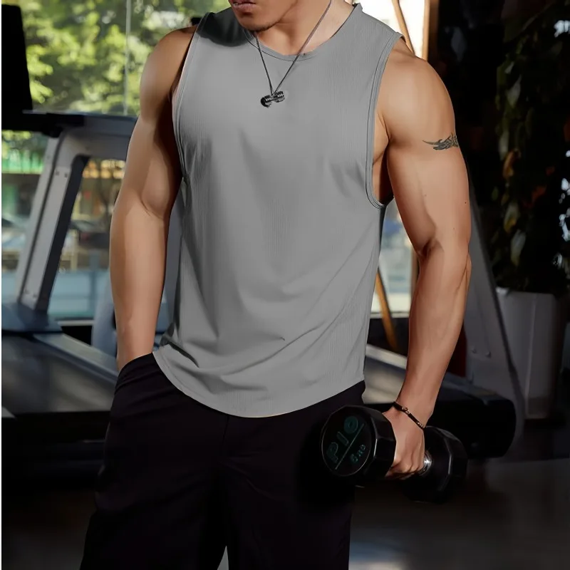

2025 Summer New Men's Gym Vest Fitness Training Clothes Quick drying Loose fit Fitness Round Neck Sleeveless Shirt Men's Fashion
