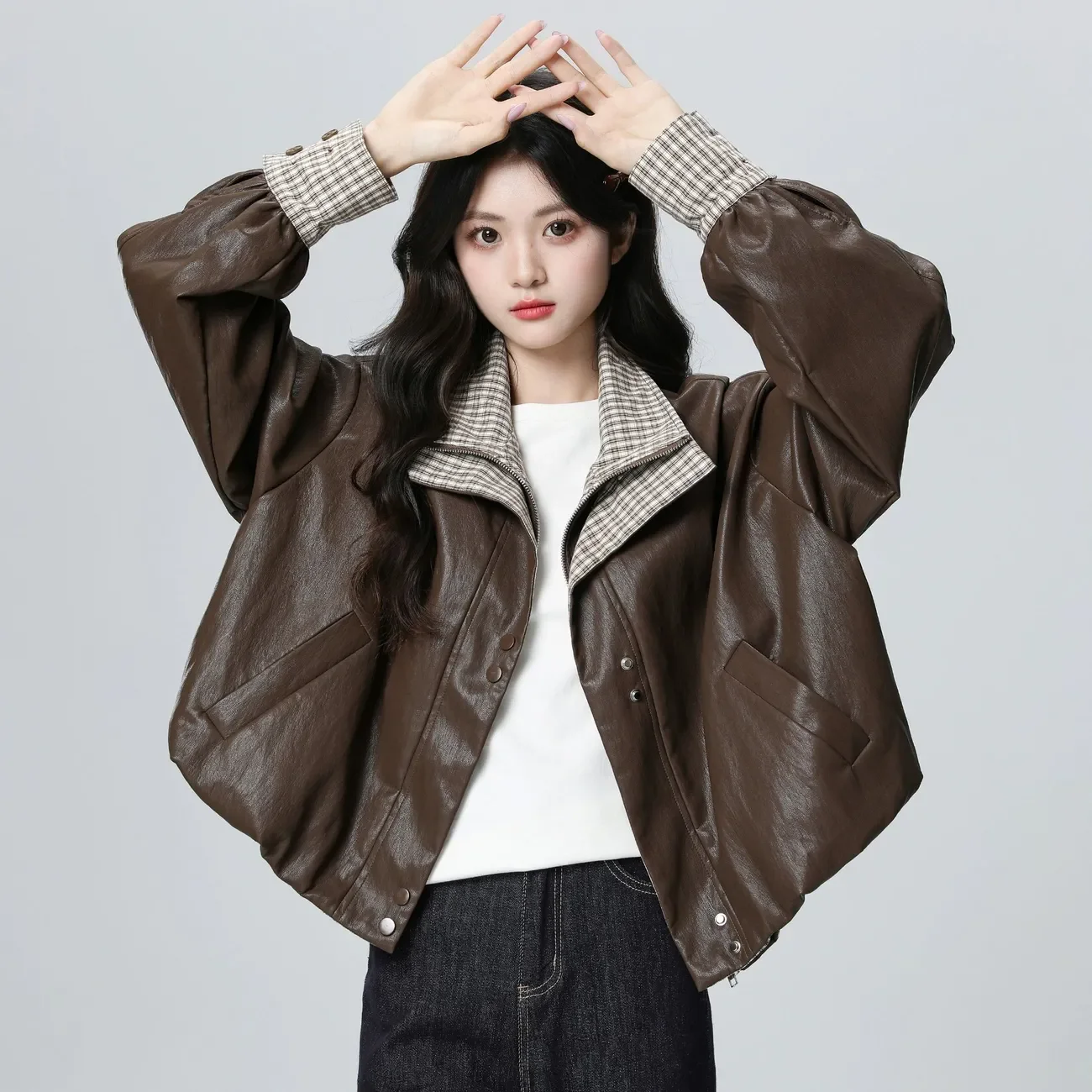 Brown Faux Leather Jacket Plaid Lined Lapel Contrast Cuff Oversized Loose Zip Up Short Moto Biker Coat Outerwear Women