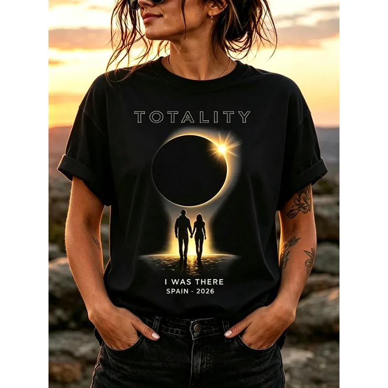 ilstile Women's Total Solar Eclipse Print T-Shirts Short Sleeve Casual Loose Round Neck Tops Summer BlackTees New Arrival
