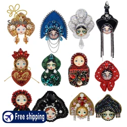 5PCS Russian Nesting Doll Patches Beaded Doll Badges Handmade Art Applique Sew on Patches for Brooches Dress Decorated