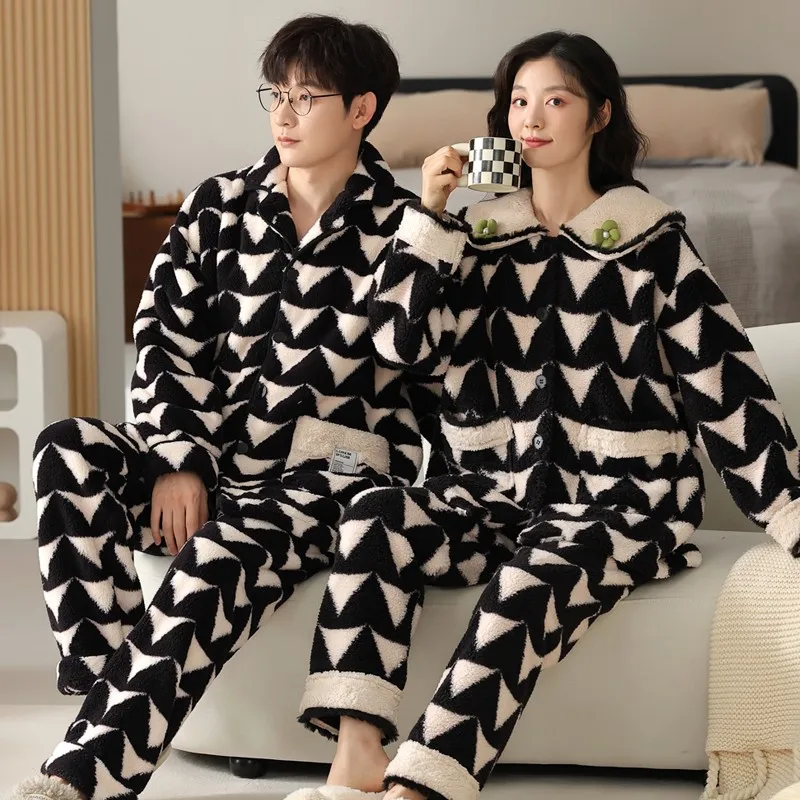 Winter Pajama Sets For Women Mens Sleepwear Simple Cardigan Pyjamas Home Suit Mujer Nightwear Male Homewear Couple Pijamas