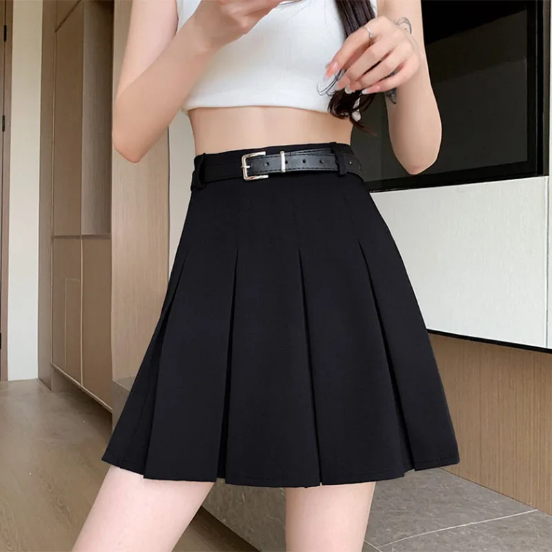 Faldas plisadas de cintura alta de estilo coreano, moda de verano para mujer, Falda corta adelgazante con cinturón, ropa de calle Retro, faldas acampanadas