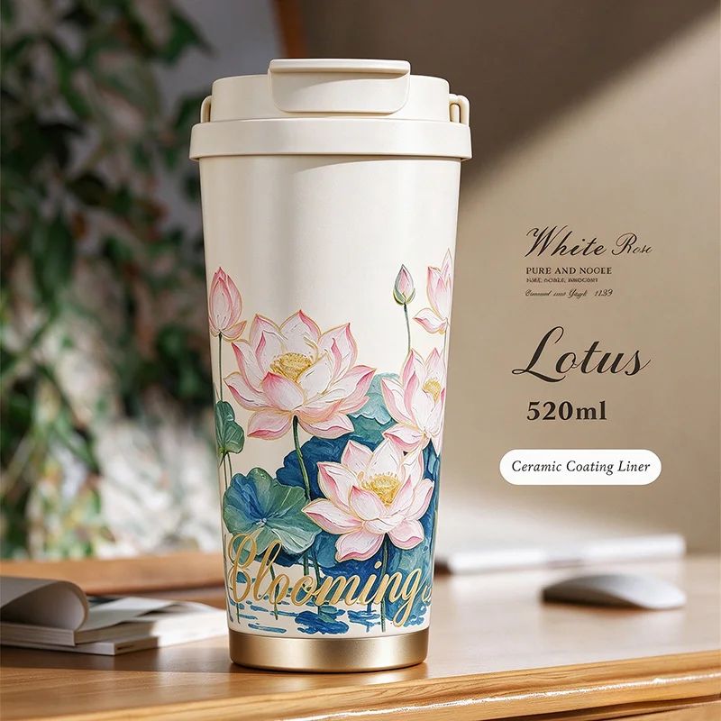 Portable Insulated Travel Coffee Mug with Straw Sunflower Rose Daisy Floral Design Leakproof Stainless Steel Home Office Use