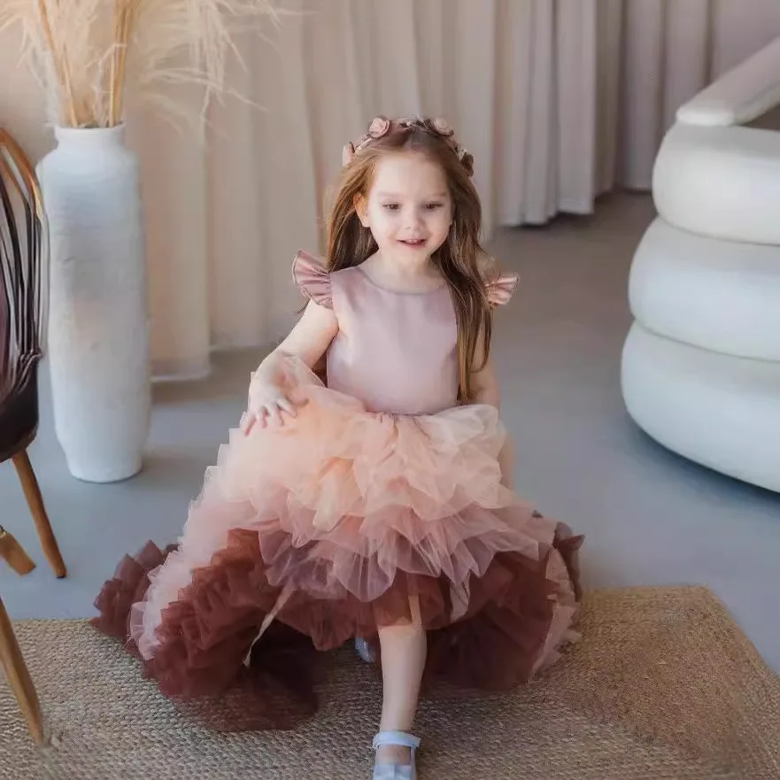 

Children's Luxury Baby Girls' Wedding Birthday Party Tail dress 2025 Children's Cake bow Princess fluffy Prom Dresses