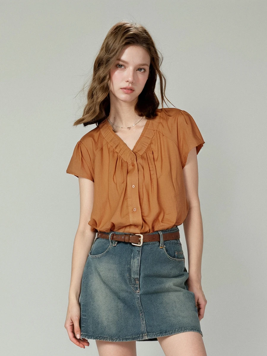 

Retro Flax V-neck Women's Shirt Summer 2024 Loose Bubble Sleeve Cotton Linen Top French Style Loose Fit Short Sleeve UV Prote...