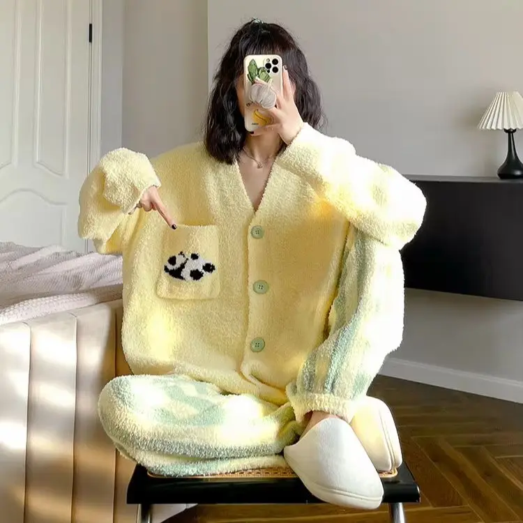 Women's Fleece Pajamas Simple Long-Sleeve Cardigan Thick Soft Cute Fresh Versatile Casual Pajama Set Homewear Lovely Panda.