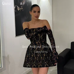 Qanz Long Sleeves Luxury Prom Dress A Line Short Black Flowers Lace Up Back Strapless Short Evening Dresses Woman Customized