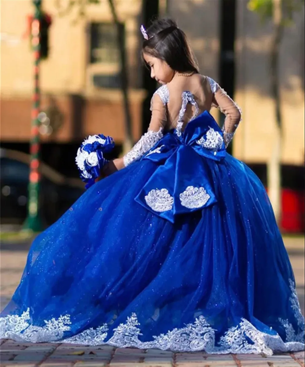 Vestido de menina de flor personalizado para casamento apliques rendas inchado mangas completas princesa pageant crianças aniversário primeira comunhão vestido