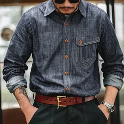 Maden Men Vintage Long Sleeve Western Cowboy Denim Shirt Outerwear Tough Guy Shirt Men's Cotton Casual Shirt XXL XXXL