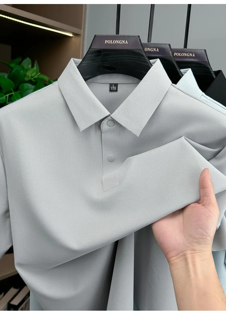 Modisches, einfarbiges Kurzarm-Poloshirt aus luxuriöser atmungsaktiver Eisseide für Herren Sommer Business Casual, bequem, vielseitig, T-Shirt – Detail 5