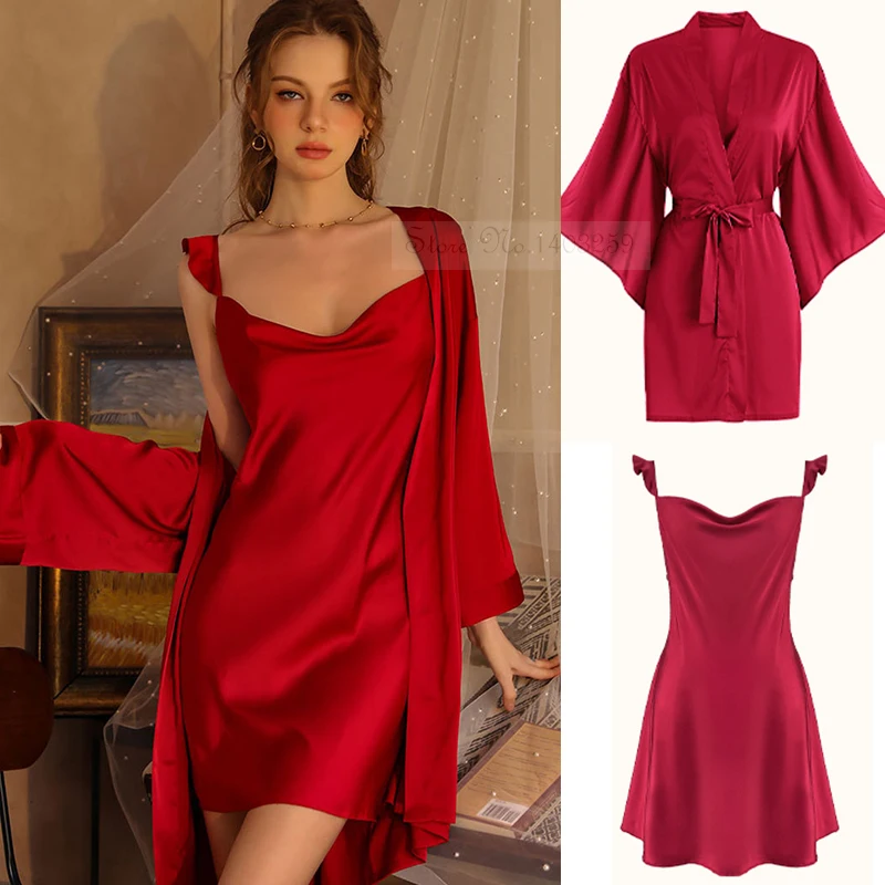 New Female Twinset Robe Set Sexy French Style Sleepwear Nightgown Spring Summe Kimono Bathrobe Gown Loose Silk Satin Home Dress