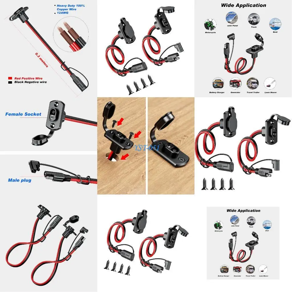 

E15A 30CM 12AWG SAE Extension Cable Waterproof Adapters Male to Female Socket Cable Quickly Connectors Harness Easy to Use