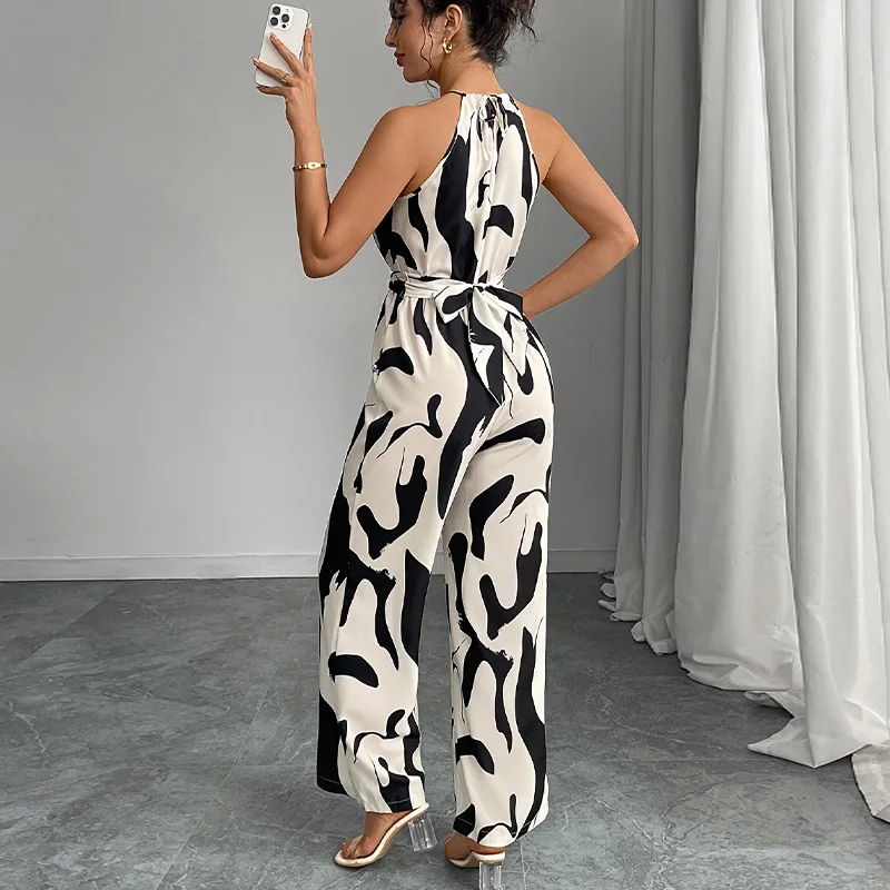 Jumpsuits voor dames Zebrastreep Halter Eendelig Vetersluiting Wijde pijpen Broek Jumpsuit Zomer Sexy Kleding Vrouwelijke elegante jumpsuit