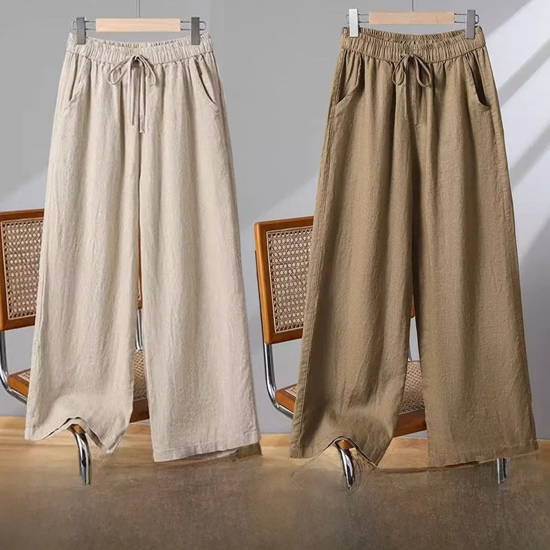 

Casual Cotton Linen Wide Leg Pants High Waist Straight Cut Summer Thin Loose Drawstring Trousers for Women plus Size
