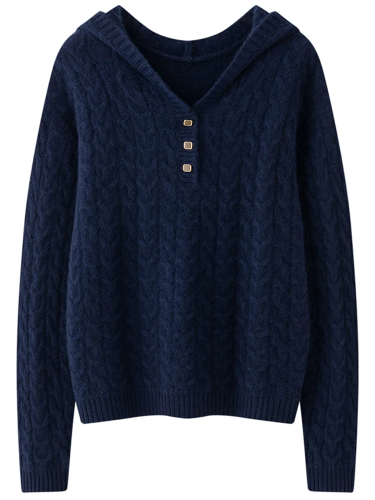 TLOML 여성 후드 풀오버 100% 캐시미어 스웨터 두꺼운 케이블 니트 캐주얼 캐시미어 니트웨어 가을 겨울 고품질 소프트 탑스