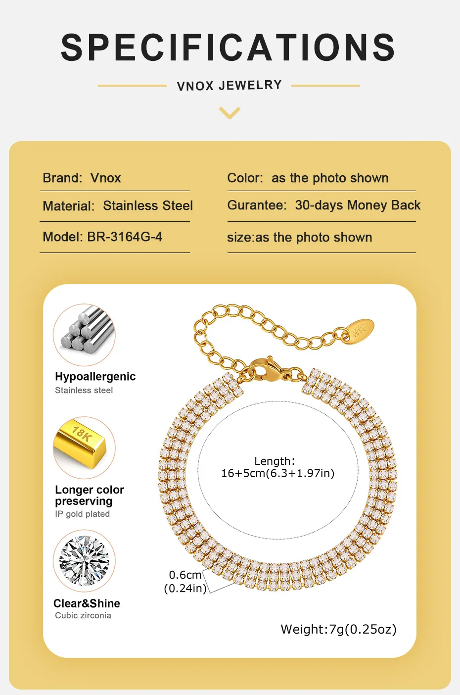 Vnox Trendiges Luxus-Armband mit Kubischem Zirkonia, 2/3-reihig, für Damen, 18K PVD-Vergoldet, CZ-Tenniskette, Exquisiter Hochzeitsschmuck – Detail 4