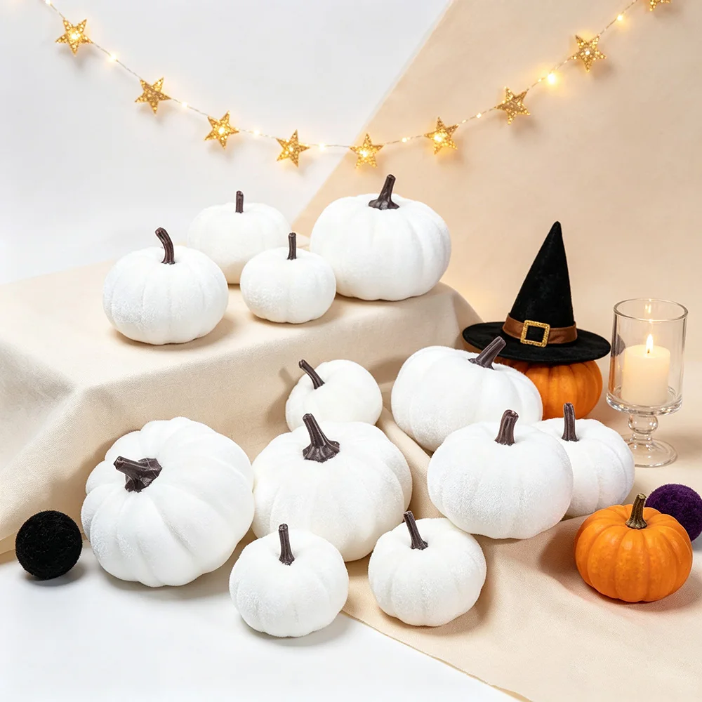 6 Stück Sortierte Größen Rustikale Weiße Künstliche Kürbisse für Halloween, Herbst- und Erntedankfest-Dekoration