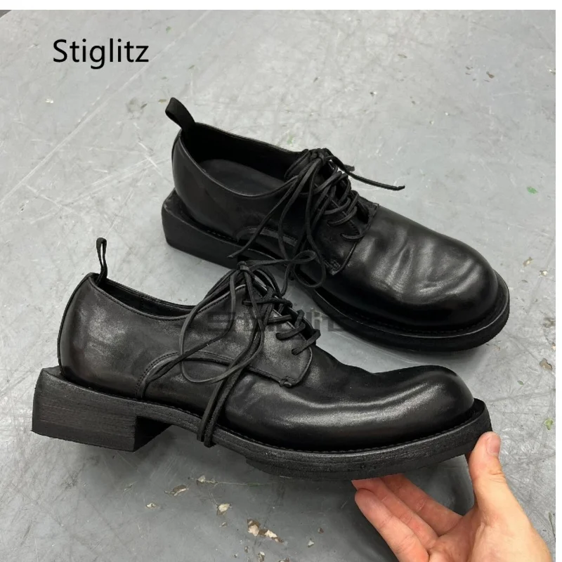

Men's Black Leather Shoes Square Heel Thick-Soled Height-Increasing Cool Derby Shoes, Retro Unisex Lace Up Workwear Shoes