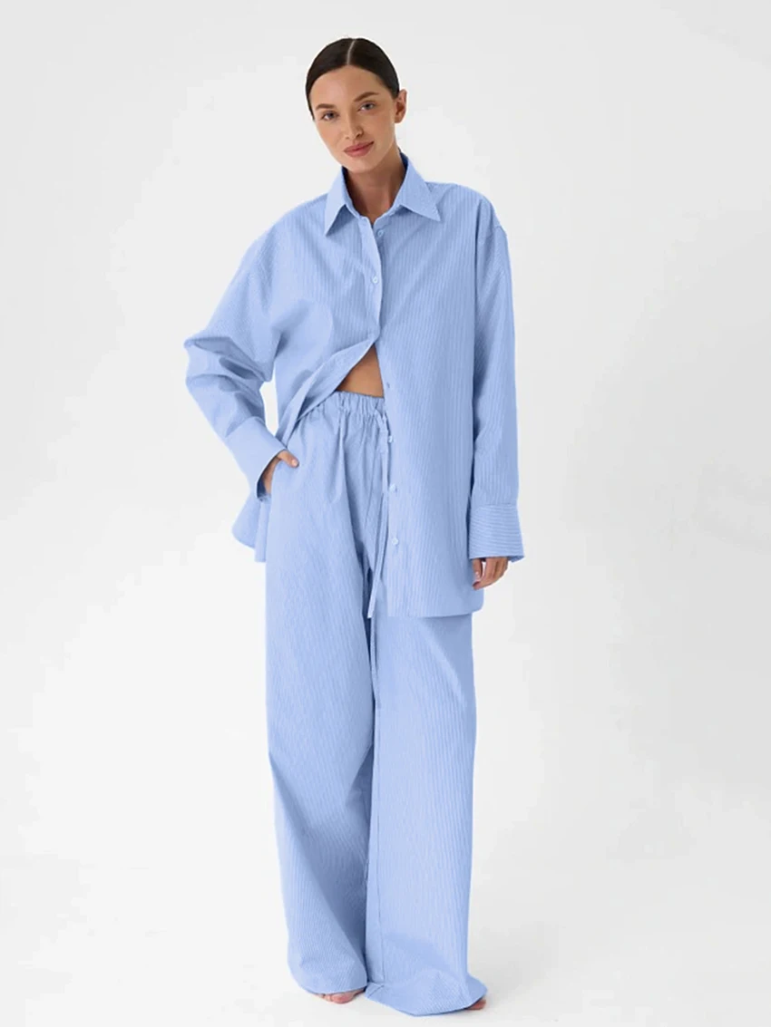 Marthaqiqi Striped Female Nightgowns Set Long Sleeve Nightwear Turn-Down Collar Pajama Pants Causal Women Sleepwear 2 Piece Suit