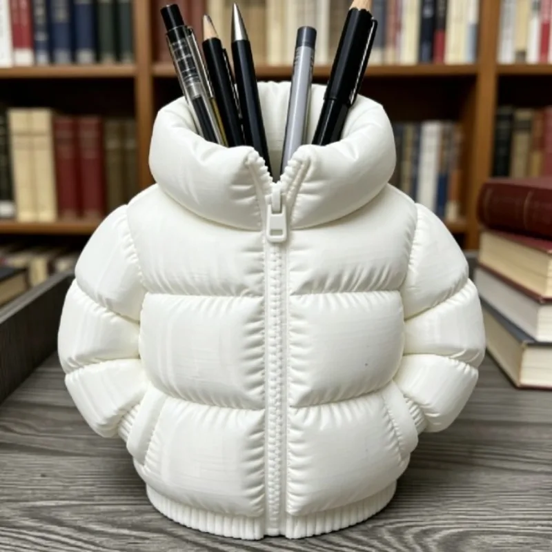 Cute 3D Print Down Jacket Pen Holder, Unique Desk Ornament, Office Storage Box, Holiday Present Idea
