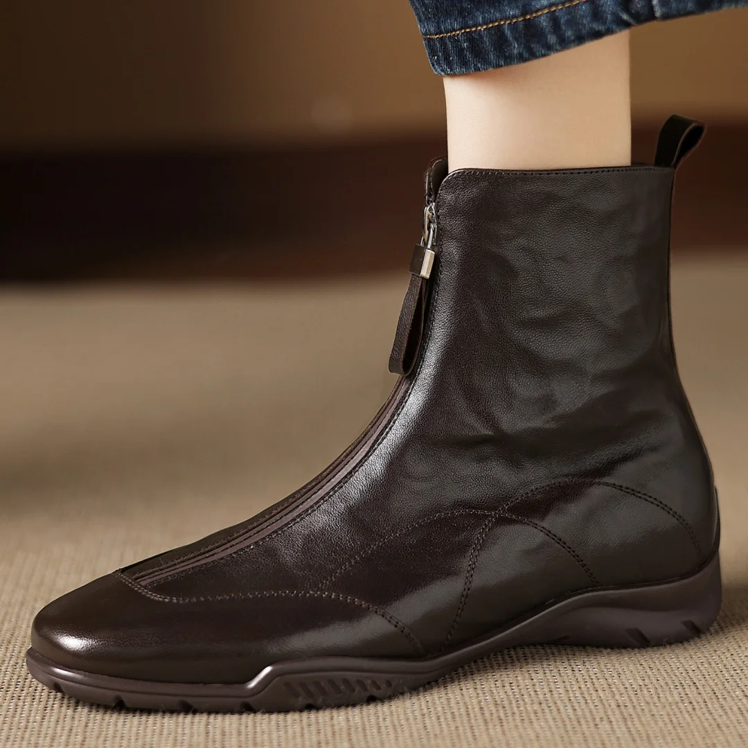 

Plus size 34-41 women's sheepskin square toe front zip flat autumn ankle boots casual female high quality soft short booties hot