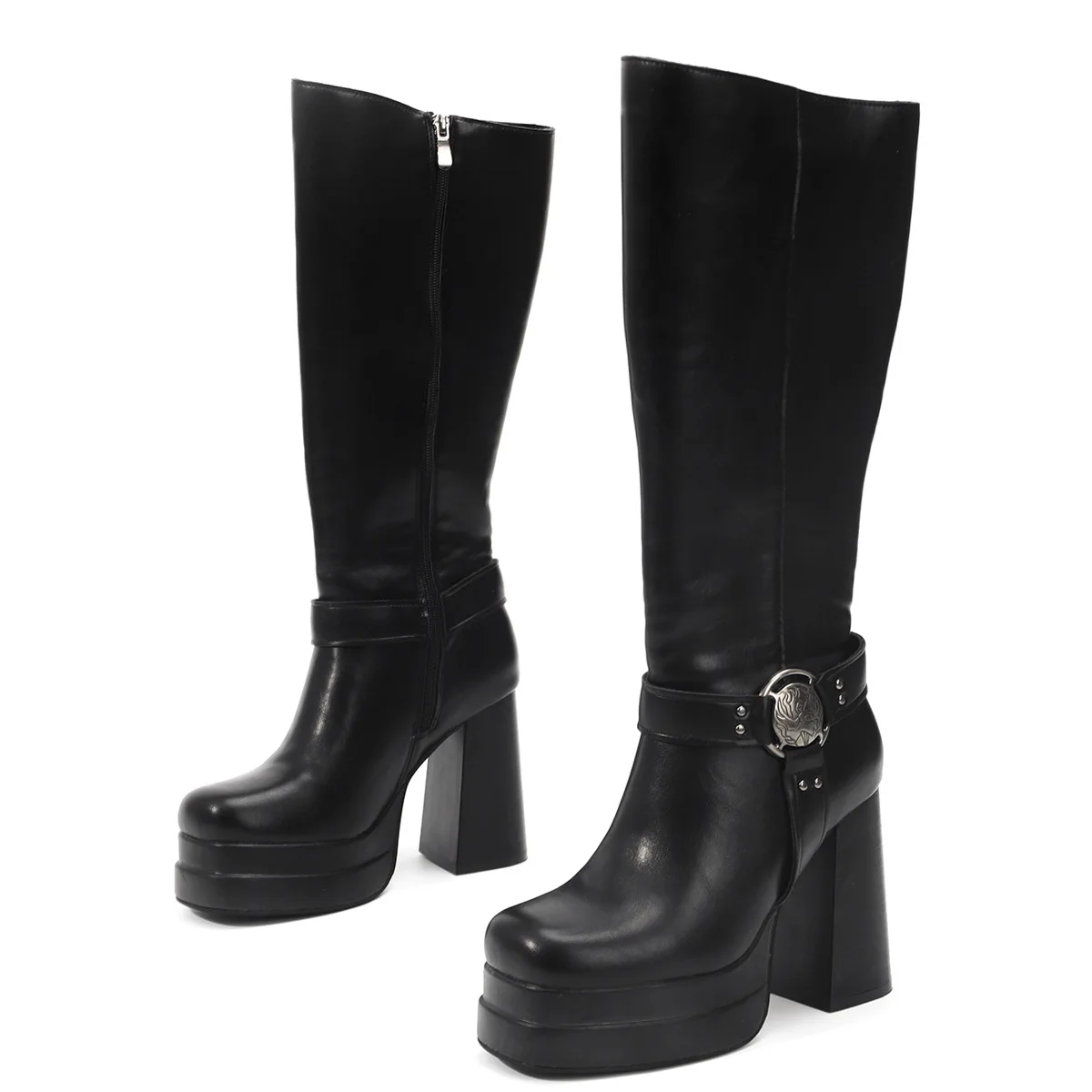 

Autumn and Winter Platform Women's Fashion Retro Metal Buckle Zipper Medium Boots Leg Cover Punk Style Babes Dark Shoes