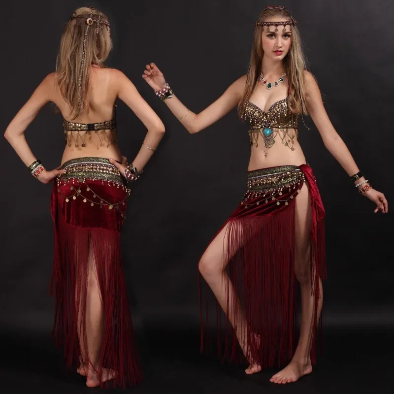 Women Dancewear Size Outfit 2 pieces Bra and Hip Scarf Overskirt Tribal Belly Dance Costume Set