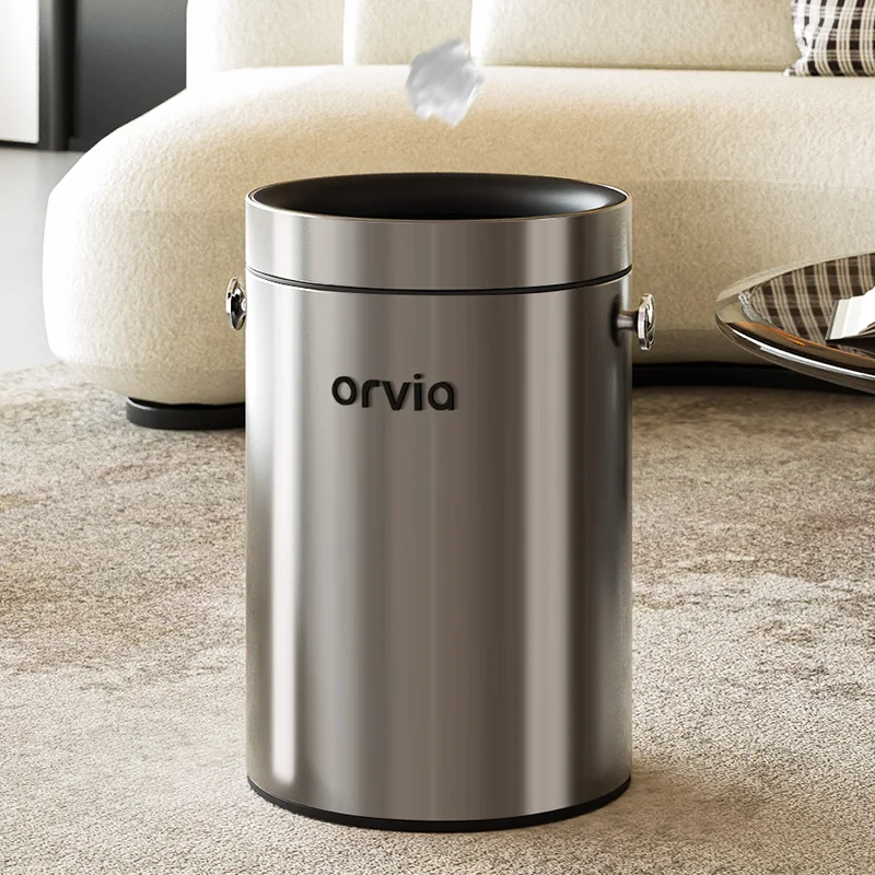 Luxury Cylindrical Trash Can, , Stainless Steel Garbage Bin with Built-in Bag Press Ring, 2 Sizes Optional for Living Room