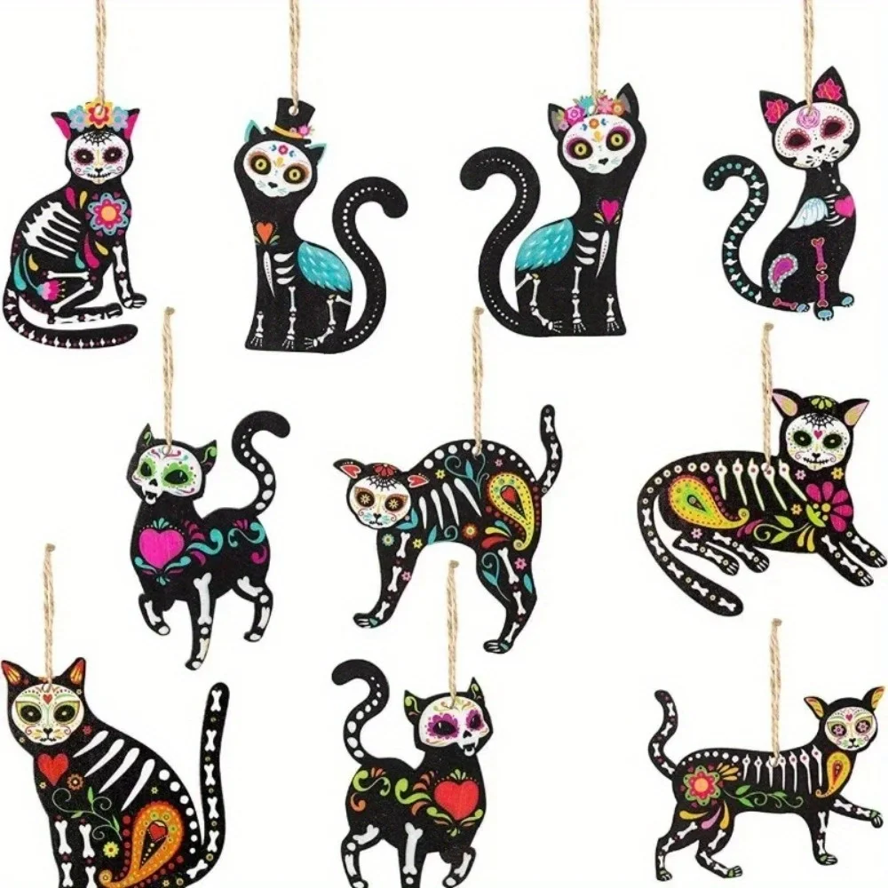 

10pcs Day of the Undead Cat Skeleton Wooden Ornament Halloween Decoration Mexican Carnival Wooden Gift