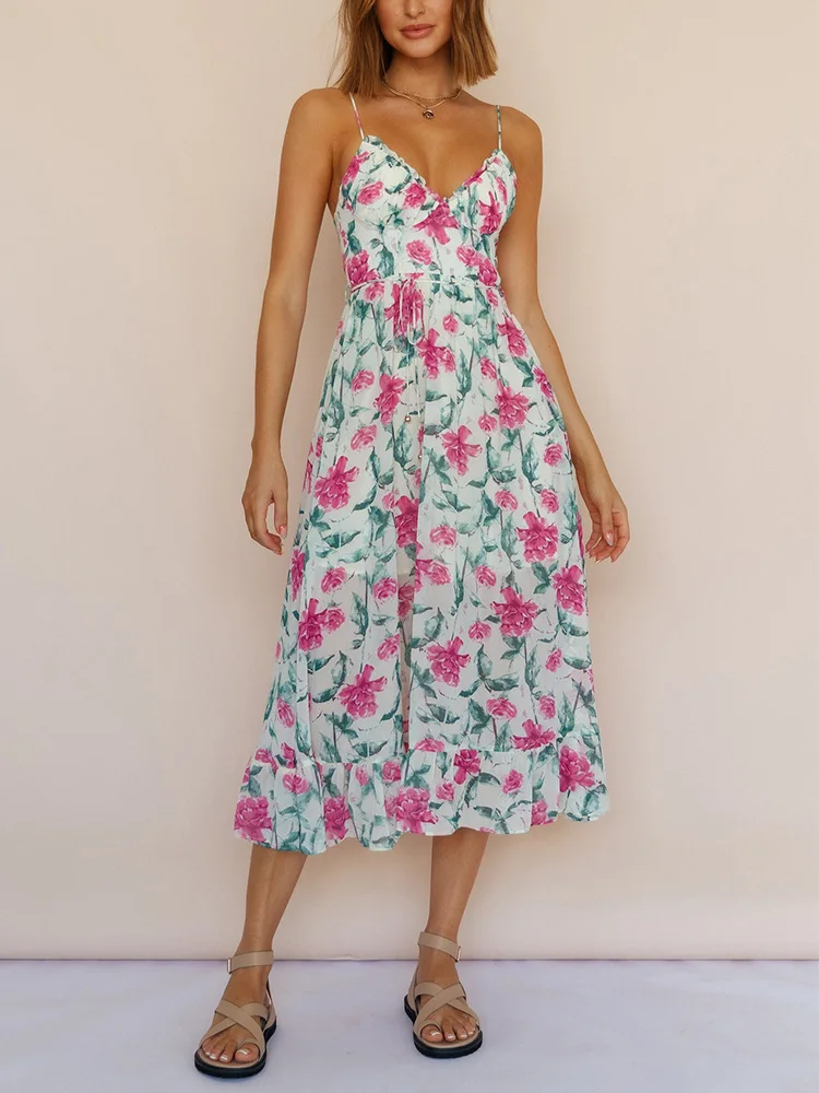 

Summer Dresses Women Clothing 2022 Frill Trim V Neck Floral Vacation Beach Dress Spaghetti Strap Ruffle Hem Midi Dress With Belt