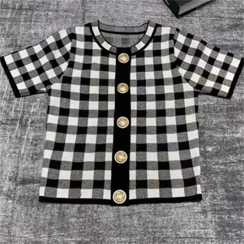 

Spring New Plaid Fashion Knitted Short sleeved Women Single Breasted cardigan for women