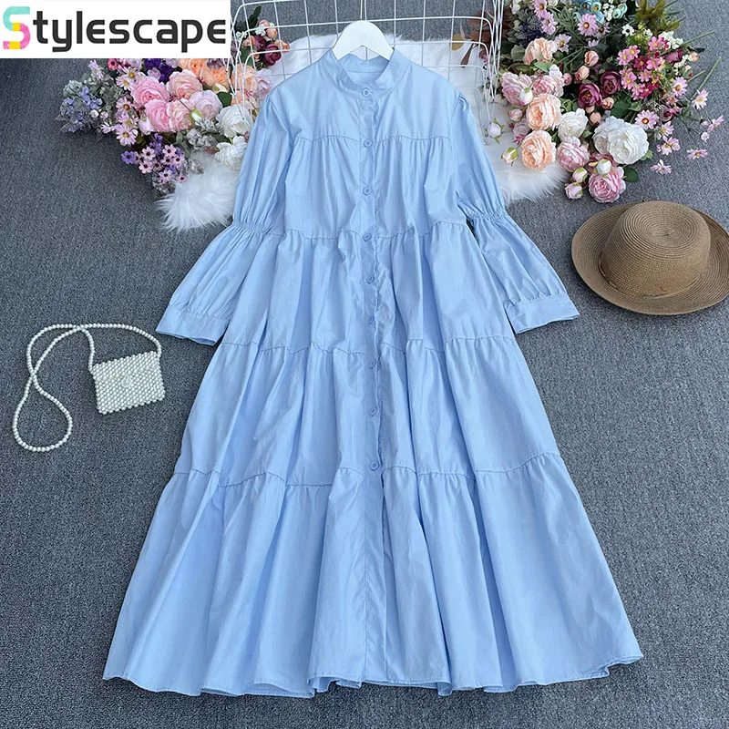 

Versatile Temperament Solid Color Simple Dress Autumn Korean Version Bubble Long Sleeved Slimming Breasted Long Skirt for Women