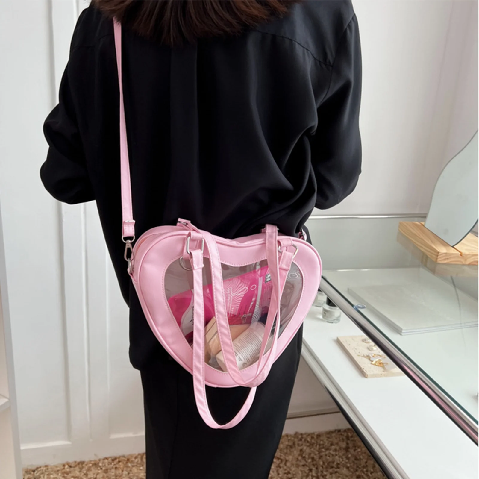 Fashion Women Transparent Shoulder Bag Love Heart Shaped Pvc Clear Lady Girls Underarm Casual Daily Travel Handbag Totes Purse