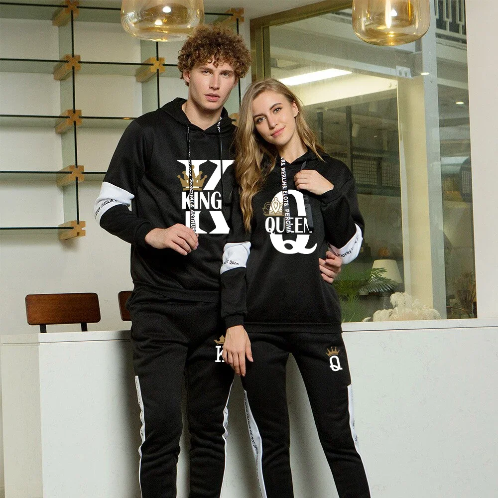 Couple KING QUEEN Print Sportswear Sweatshirt Sweatpants Set Fashion Casual Sports Men Tracksuit Women Man Hoodie Suit Clothing